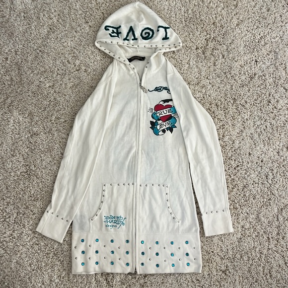 Ed Hardy embellished women’s cotton tunic hooded sweater 100%cotton size small - Picture 2 of 5